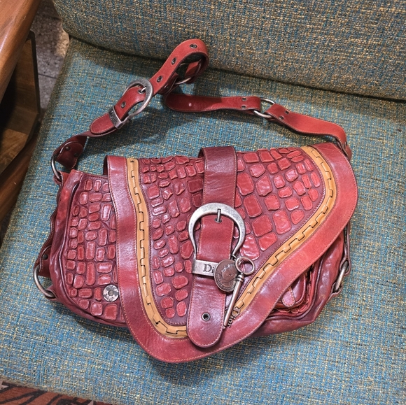 Vintage DIOR Gaucho Red Leather Bag. Gator Look Leather LIMITED EDITION. - Picture 1 of 10